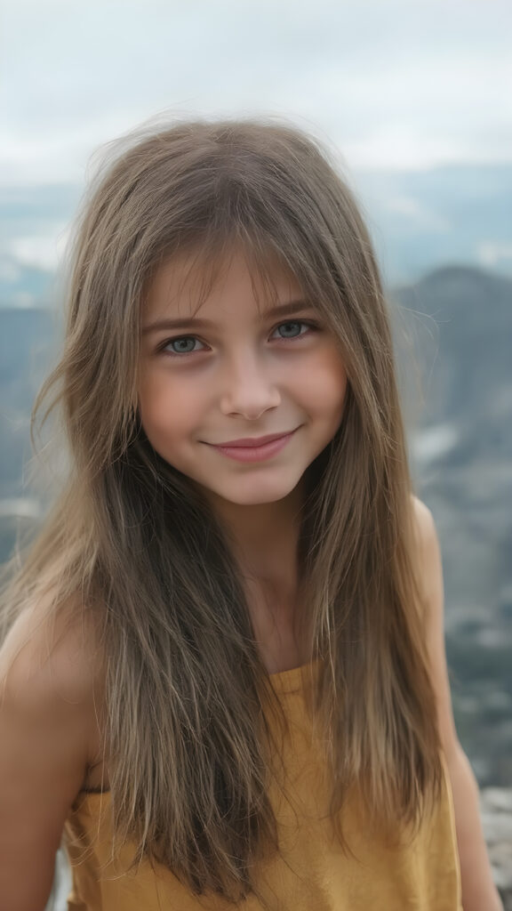 a fantastic, imaginative, cheeky girl with long, brown hair stands on a mountain, she has long, straight fine hair and smiles