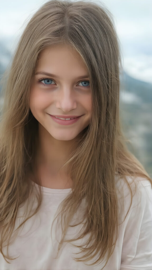 a fantastic, imaginative, cheeky girl with long, brown hair stands on a mountain, she has long, straight fine hair and smiles