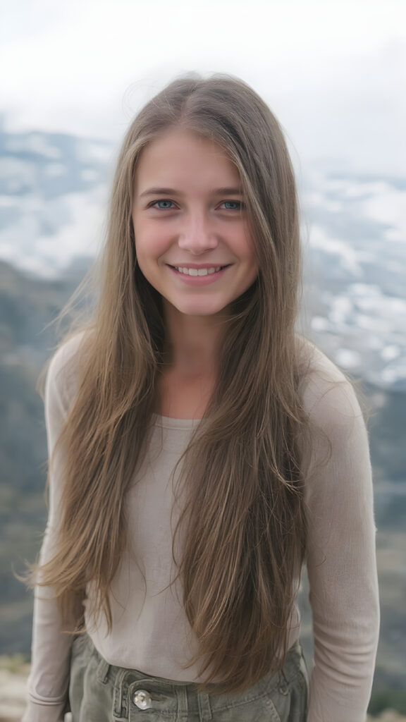 a fantastic, imaginative, cheeky girl with long, brown hair stands on a mountain, she has long, straight fine hair and smiles