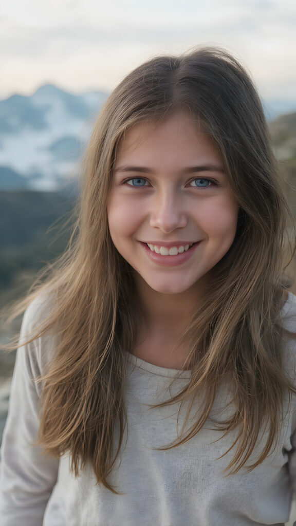 a fantastic, imaginative, cheeky girl with long, brown hair stands on a mountain, she has long, straight fine hair and smiles