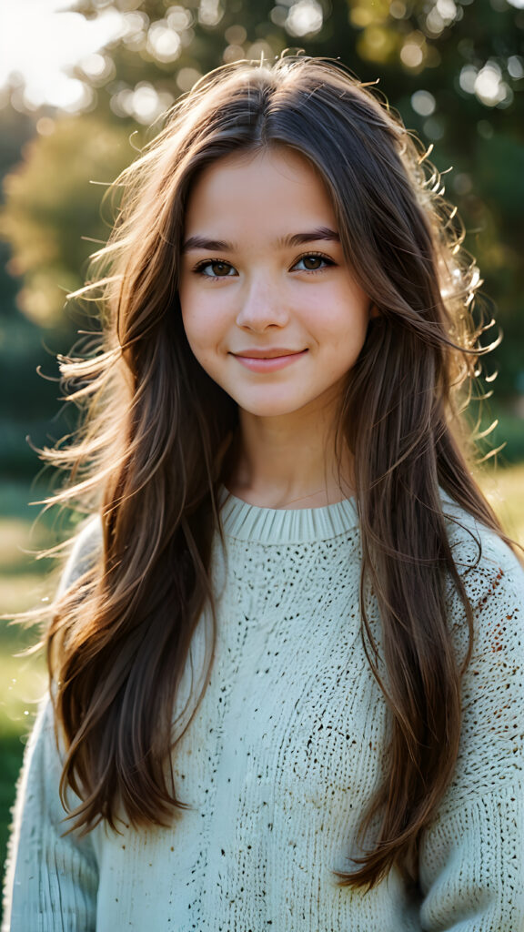 a fantastic picture of a natural teen girl, her cheerful nature makes you happy, she has soft long hair and a round face, she wears a thin woolen sweater