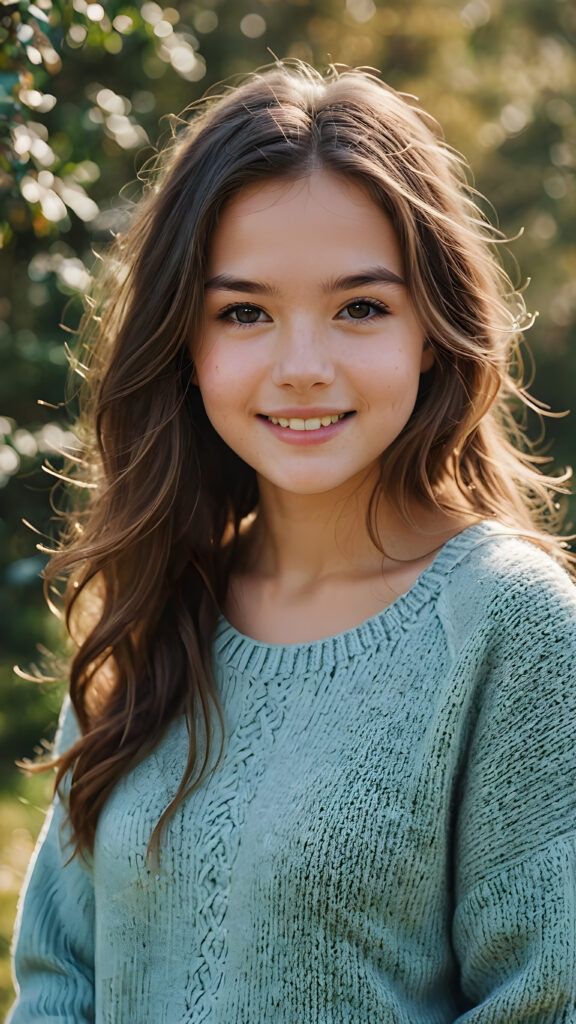 a fantastic picture of a natural teen girl, her cheerful nature makes you happy, she has soft long hair and a round face, she wears a thin woolen sweater