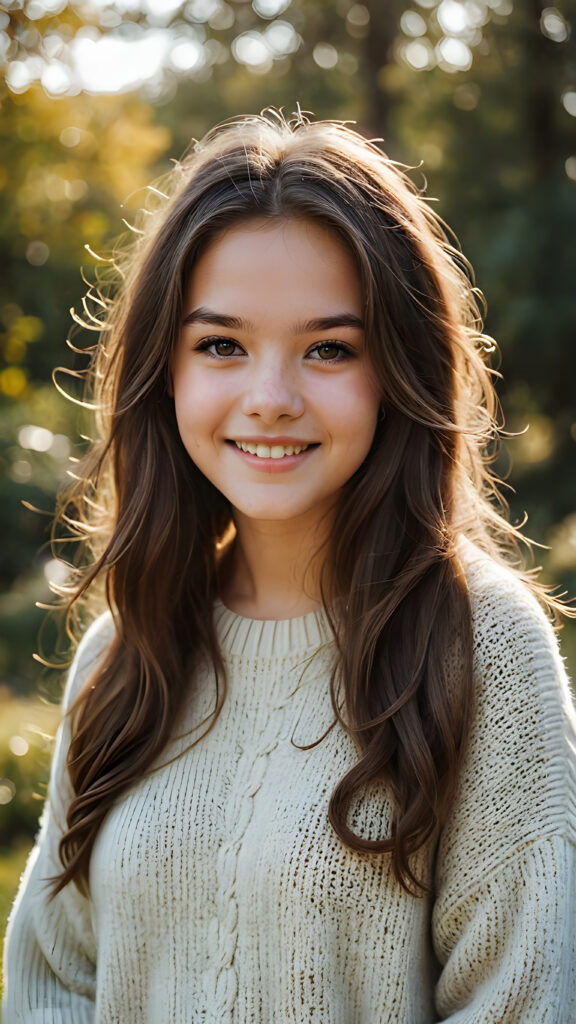 a fantastic picture of a natural teen girl, her cheerful nature makes you happy, she has soft long hair and a round face, she wears a thin woolen sweater