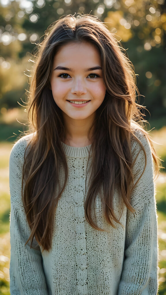 a fantastic picture of a natural teen girl, her cheerful nature makes you happy, she has soft long hair and a round face, she wears a thin woolen sweater