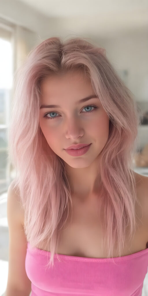 a fantastic stunning and gorgeous girl looks like barbie, perfect body, ((long wavy neon pink hair)), sunny modern apartment in backdrop, super short cropped pink tank top, full lips, light blue eyes, perfect body, smile