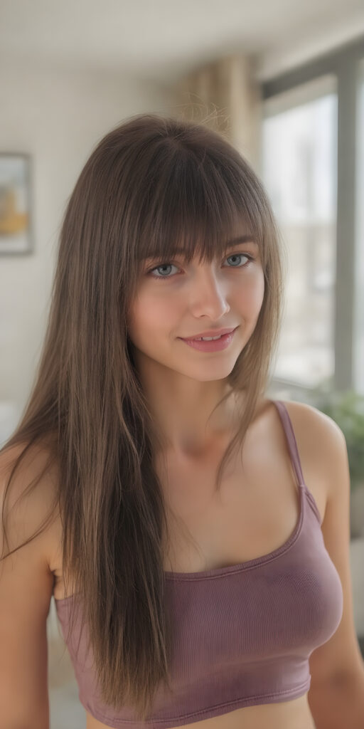 a fantastic stunning girl, perfect body, long straight hair, bangs, sunny modern apartment in backdrop, super short cropped tank top