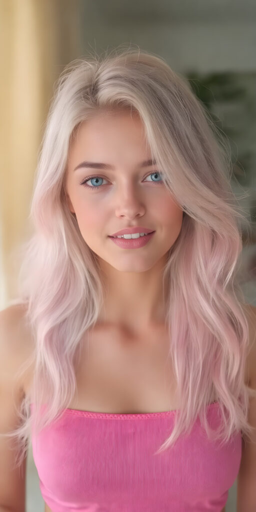 a fantastic stunning and gorgeous girl looks like barbie, perfect body, ((long wavy neon pink hair)), sunny modern apartment in backdrop, super short cropped pink tank top, full lips, light blue eyes, perfect body, smile