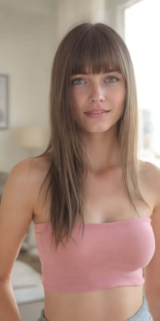 a fantastic stunning girl, perfect body, long straight hair, bangs, sunny modern apartment in backdrop, super short cropped tank top