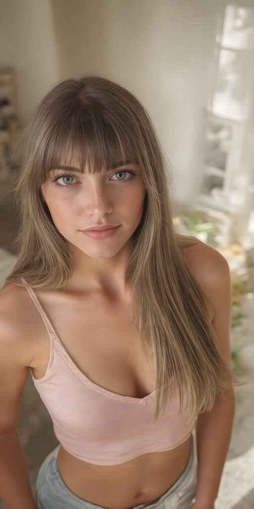 a fantastic stunning girl, perfect body, long straight soft hair, bangs, sunny modern apartment in backdrop, super short cropped tank top, deep v-neck, view from above