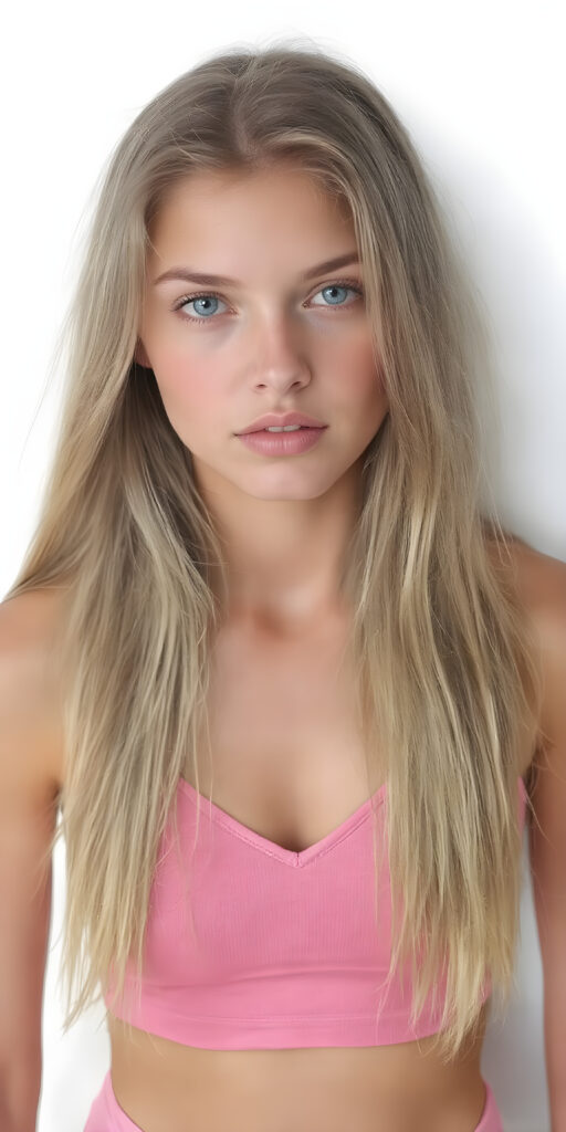 a fantastic stunning and gorgeous young girl looks like a doll, perfect body, deep v-neck, ((long straight soft blond hair)), super short cropped pink tank top, full lips, light blue eyes, she wears tight pink leggings that emphasize her body, white backdrop