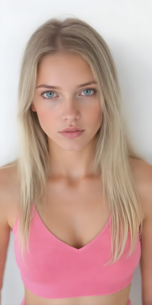 a fantastic stunning and gorgeous young girl looks like a doll, perfect body, deep v-neck, ((long straight soft blond hair)), super short cropped pink tank top, full lips, light blue eyes, she wears tight pink leggings that emphasize her body, white backdrop