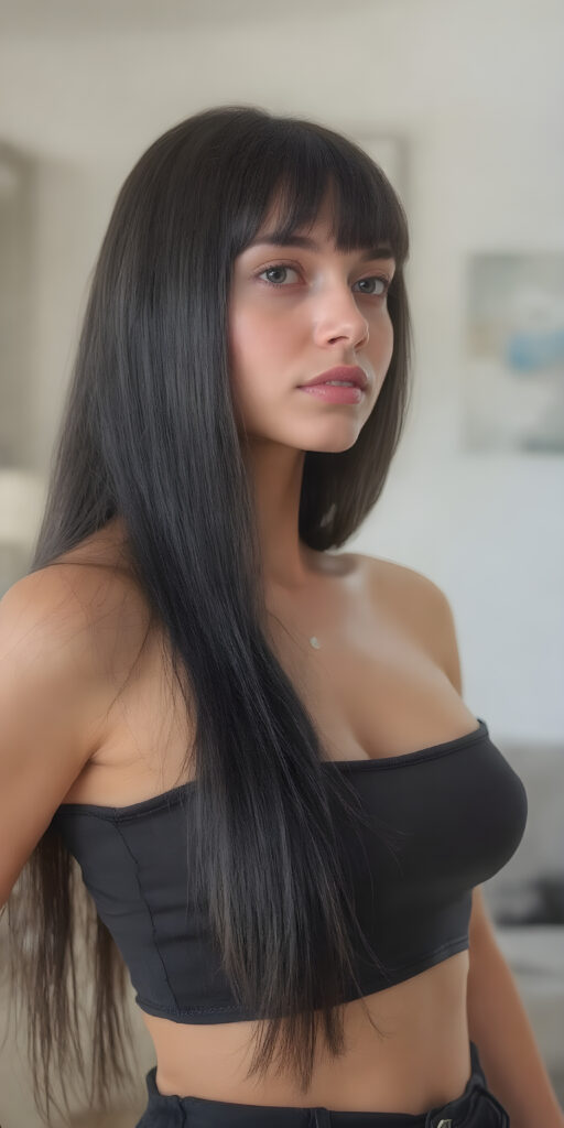 a fantastic stunning girl, perfect body, long jet straight shiny black hair, bangs, sunny modern apartment in backdrop, super short cropped tank top, looks seductive, side view