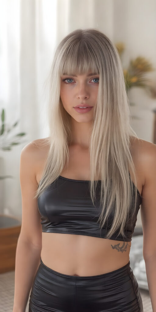 a fantastic stunning girl in a black latex cropped tank top and miniskirt, perfect body, white long straight hair, bangs, sunny modern apartment in backdrop