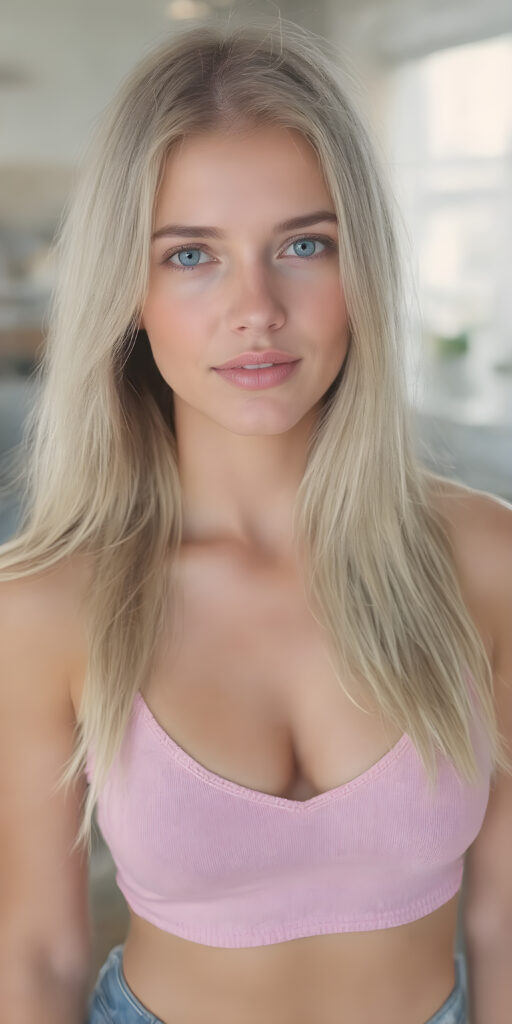 a fantastic stunning and gorgeous well busty girl looks like a doll, perfect body, deep v-neck, ((long straight soft blond hair)), sunny modern apartment in backdrop, super short cropped pink tank top, full lips, light blue eyes, perfect body, smile