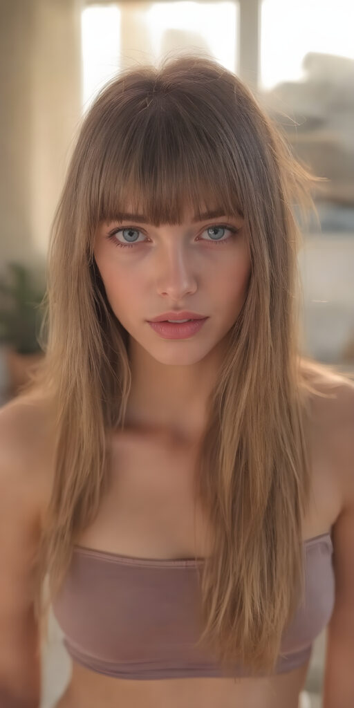 a fantastic stunning young girl, perfect body, long straight full amber hair, bangs, sunny modern apartment in backdrop, super short cropped tank top, perfect fit body, full lips