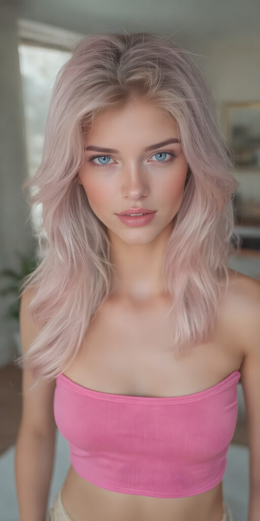 a fantastic stunning and gorgeous girl looks like barbie, perfect body, ((long wavy neon pink hair)), sunny modern apartment in backdrop, super short cropped pink tank top, full lips, light blue eyes, perfect body, smile