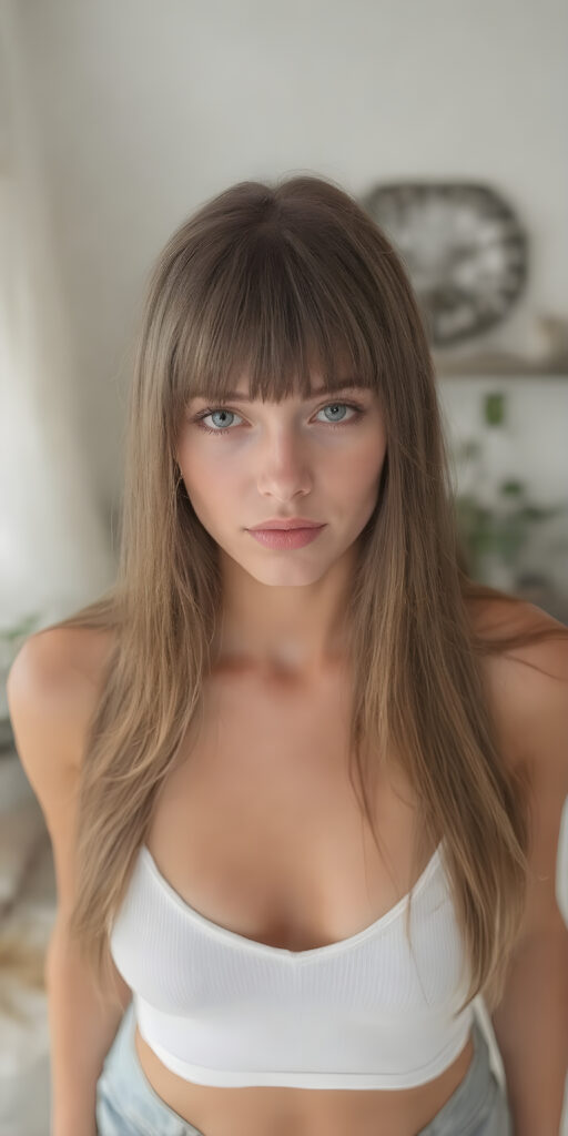 a fantastic stunning girl, perfect body, long straight soft hair, bangs, sunny modern apartment in backdrop, super short cropped tank top, deep v-neck, view from above