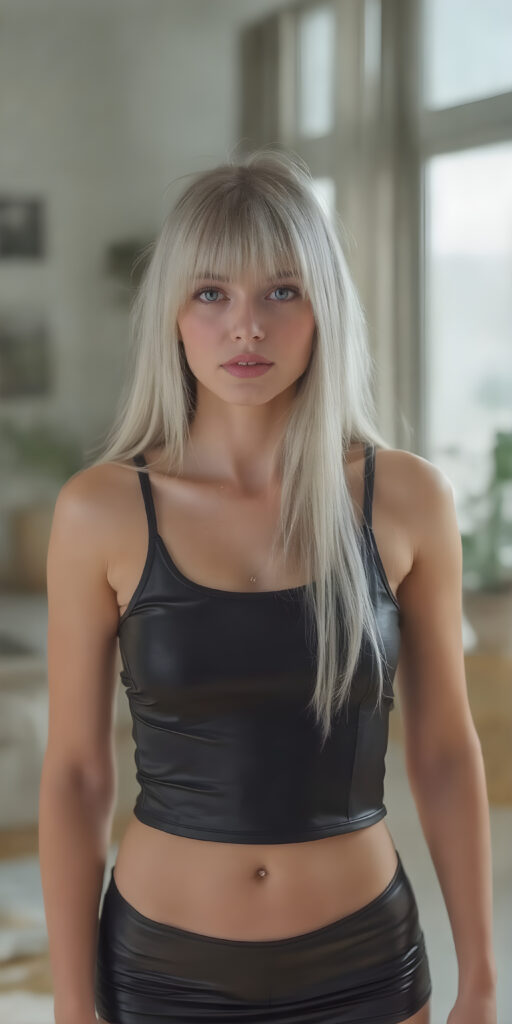 a fantastic stunning girl in a black latex cropped tank top and miniskirt, perfect body, white long straight hair, bangs, sunny modern apartment in backdrop