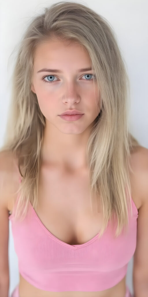 a fantastic stunning and gorgeous young girl looks like a doll, perfect body, deep v-neck, ((long straight soft blond hair)), super short cropped pink tank top, full lips, light blue eyes, she wears tight pink leggings that emphasize her body, white backdrop