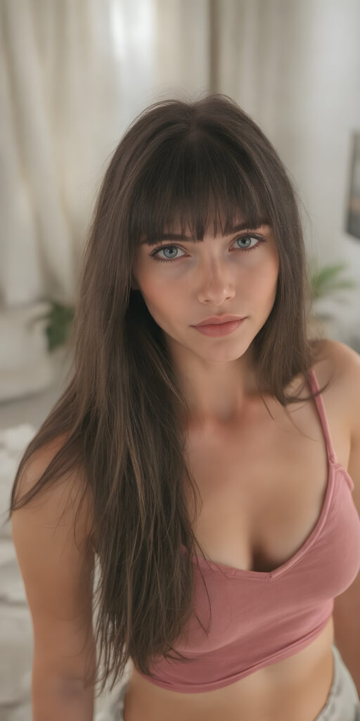 a fantastic stunning girl, perfect body, long straight soft hair, bangs, sunny modern apartment in backdrop, super short cropped tank top, deep v-neck, view from above