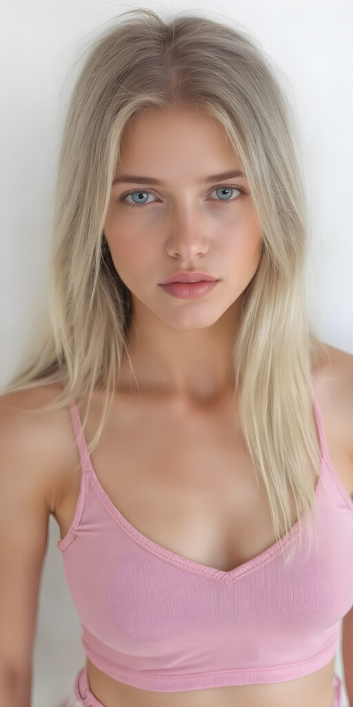 a fantastic stunning and gorgeous young girl looks like a doll, perfect body, deep v-neck, ((long straight soft blond hair)), super short cropped pink tank top, full lips, light blue eyes, she wears tight pink leggings that emphasize her body, white backdrop