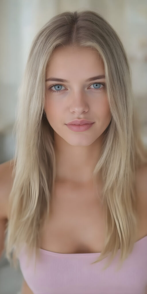 a fantastic stunning and gorgeous well busty girl looks like a doll, perfect body, deep v-neck, ((long straight soft blond hair)), sunny modern apartment in backdrop, super short cropped pink tank top, full lips, light blue eyes, perfect body, smile