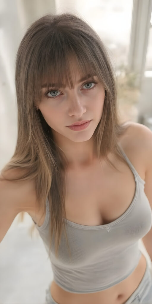 a fantastic stunning girl, perfect body, long straight soft hair, bangs, sunny modern apartment in backdrop, super short cropped tank top, deep v-neck, view from above