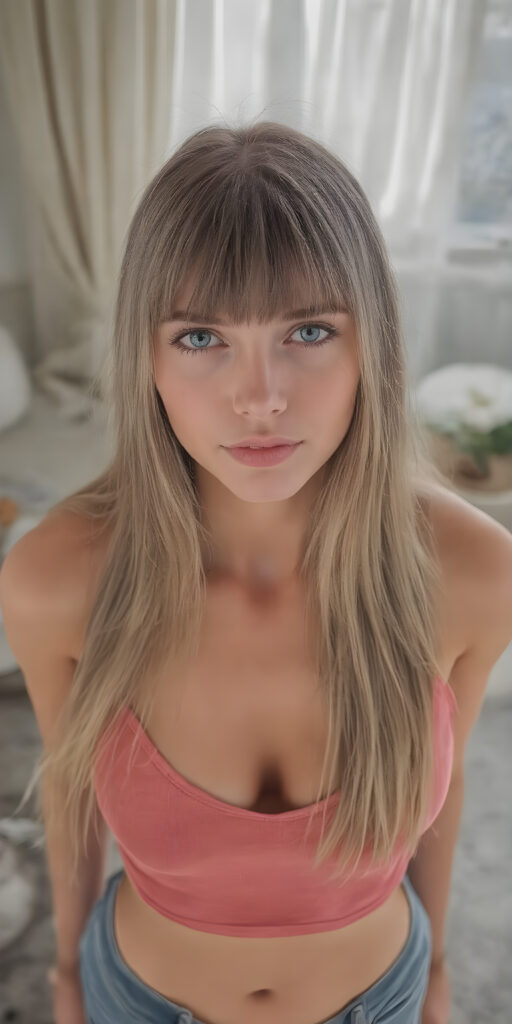 a fantastic stunning girl, perfect body, long straight soft hair, bangs, sunny modern apartment in backdrop, super short cropped tank top, deep v-neck, view from above