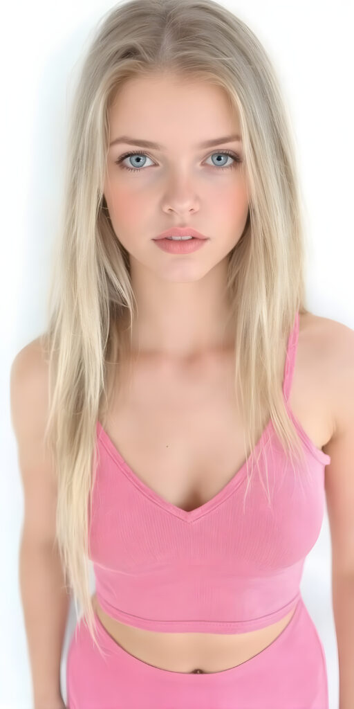 a fantastic stunning and gorgeous young girl looks like a doll, perfect body, deep v-neck, ((long straight soft blond hair)), super short cropped pink tank top, full lips, light blue eyes, she wears tight pink leggings that emphasize her body, white backdrop