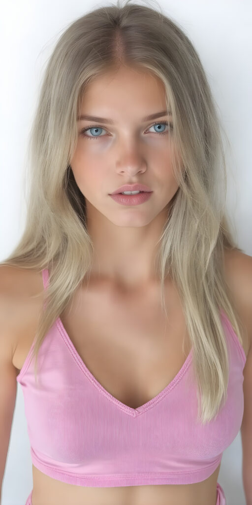 a fantastic stunning and gorgeous young girl looks like a doll, perfect body, deep v-neck, ((long straight soft blond hair)), super short cropped pink tank top, full lips, light blue eyes, she wears tight pink leggings that emphasize her body, white backdrop