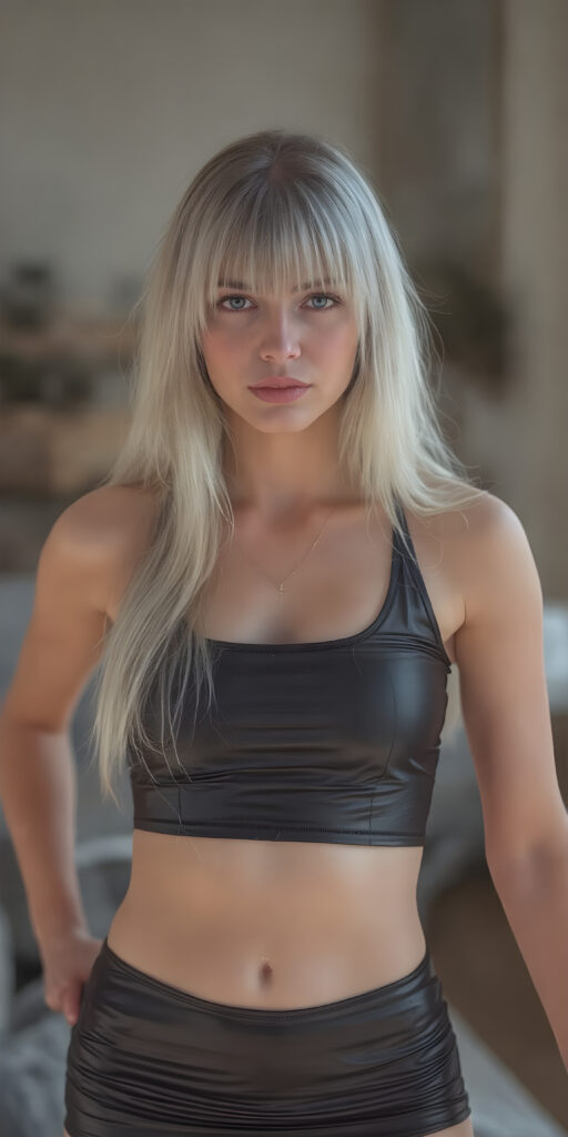 a fantastic stunning girl in a black latex cropped tank top and miniskirt, perfect body, white long straight hair, bangs, sunny modern apartment in backdrop