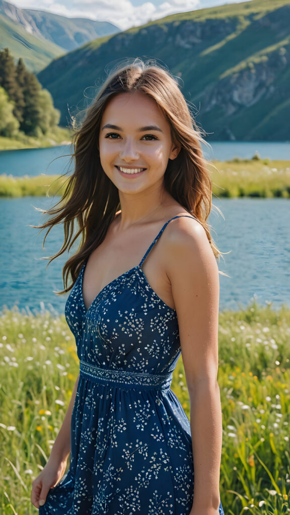 a fantastic young girl with long hair is standing in a sunny meadow. In the background is a deep blue lake. She is wearing a skimpy, thin summer dress and is smiling, ((detailed and super realistic))