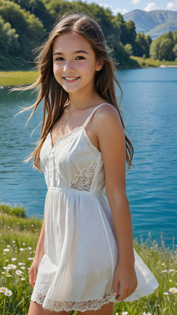 a fantastic young girl, 12 years old with long hair is standing in a sunny meadow. In the background is a deep blue lake. She is wearing a white short skimpy, thin summer dress and is smiling, ((detailed and super realistic))