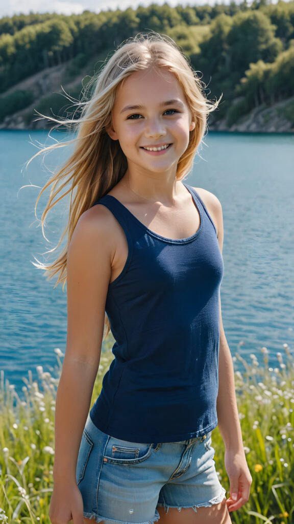 a fantastic young girl, she is my daughter, 12 years old with long summer blond hair is standing in a sunny meadow. In the background is a deep blue lake, she is smiling, ((detailed and super realistic)), she wears a short plain tank top