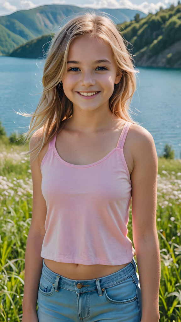 a fantastic young girl, 12 years old with long summer blond hair is standing in a sunny green meadow. In the background is a deep blue lake, she is smiling, ((detailed and super realistic)), ((she wears a short light pink cropped plain tank top))