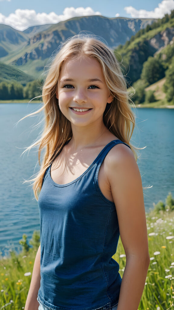 a fantastic young girl, she is my daughter, 12 years old with long summer blond hair is standing in a sunny meadow. In the background is a deep blue lake, she is smiling, ((detailed and super realistic)), she wears a short plain tank top