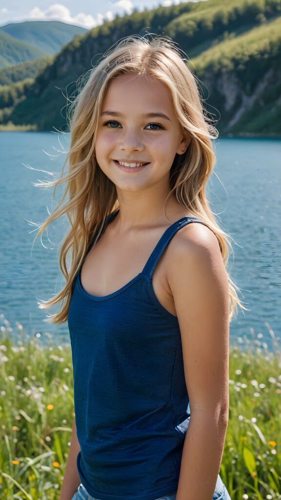 a fantastic young girl, she is my daughter, 12 years old with long summer blond hair is standing in a sunny meadow. In the background is a deep blue lake, she is smiling, ((detailed and super realistic)), she wears a short plain tank top