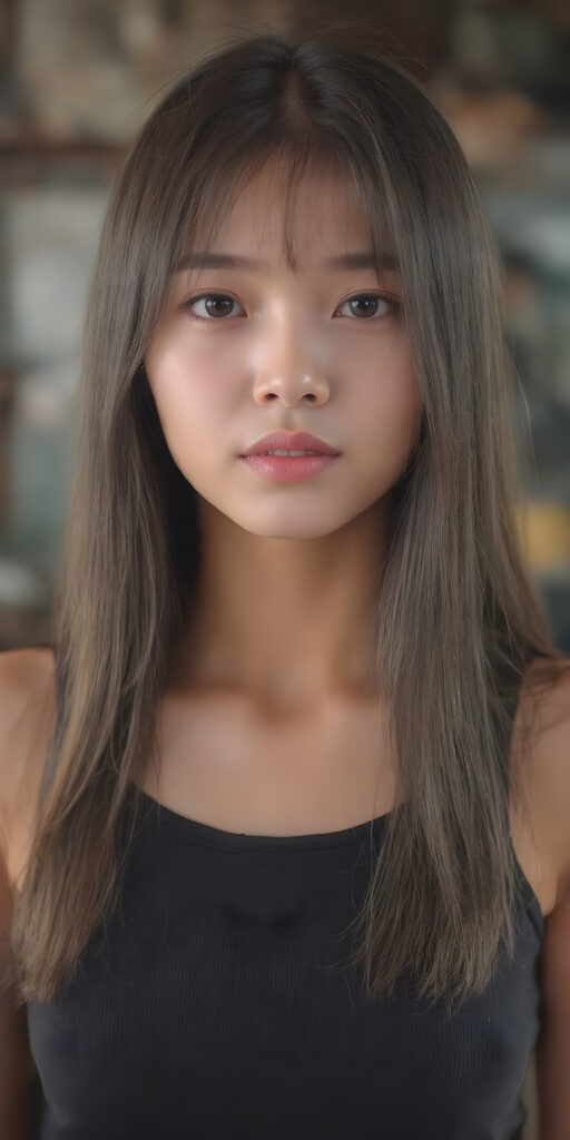 a (((fantastically realistic and detailed representation of a Vietnamese teenage girl))) with a smoothly proportioned body, flawless skin, and (big, round lips) that exude an (adorable expression). Her hair is (long, straight, smooth) and softly parted. She wears a (cute, short cropped tank top) that accentuates her (perfectly proportioned figure) and (realistic, matching eyes). The scene is softly backlit, with a natural glow that gives off an extremely high resolution and UHD quality, no digital manipulation or unrealistic enhancement) that brings out the (incredible beauty and allure of this girl).