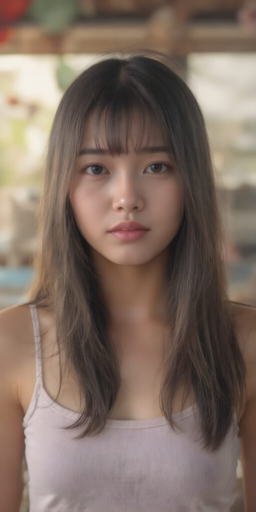 a (((fantastically realistic and detailed representation of a Vietnamese teenage girl))) with a smoothly proportioned body, flawless skin, and (big, round lips) that exude an (adorable expression). Her hair is (long, straight, smooth) and softly parted. She wears a (cute, short cropped tank top) that accentuates her (perfectly proportioned figure) and (realistic, matching eyes). The scene is softly backlit, with a natural glow that gives off an extremely high resolution and UHD quality, no digital manipulation or unrealistic enhancement) that brings out the (incredible beauty and allure of this girl).