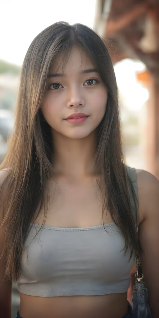 a (((fantastically realistic and detailed representation of a Vietnamese teenage girl))) with a smoothly proportioned body, flawless skin, and (big, round lips) that exude an (adorable expression). Her hair is (long, straight, smooth) and softly parted. She wears a (cute, short cropped tank top) that accentuates her (perfectly proportioned figure) and (realistic, matching eyes). The scene is softly backlit, with a natural glow that gives off an extremely high resolution and UHD quality, no digital manipulation or unrealistic enhancement) that brings out the (incredible beauty and allure of this girl).