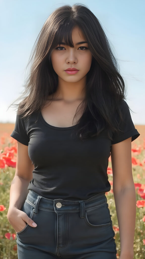 a (((full body view))) of a (((teen girl))) with ((black thick, straight soft hair)) that convey a sense of warmth and vitality, dressed in a ((low-cut, fitted T-shirt)) that accentuates her mature yet youthful figure, paired with ((realistic looking, high-resolution skin texture)) that adds a touch of realism to this captivating composition. She's standing in a ((sunny poppy field)), with a ((clear blue sky)) providing a picturesque backdrop for this stunning popstar. ((FULL LENGTH HEAD TO FEET BODY SHOT)) (((FULLY CLOTHED in black t-shirt and short denim jeans))) (((in a natural, warm and cozy lighting))) (((no gore, soft look)))