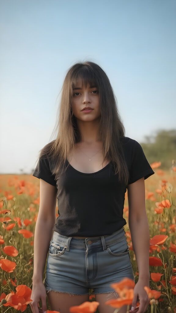 a (((full body view))) of a (((teen girl))) with ((black thick, straight soft hair)) that convey a sense of warmth and vitality, dressed in a ((low-cut, fitted T-shirt)) that accentuates her mature yet youthful figure, paired with ((realistic looking, high-resolution skin texture)) that adds a touch of realism to this captivating composition. She's standing in a ((sunny poppy field)), with a ((clear blue sky)) providing a picturesque backdrop for this stunning popstar. ((FULL LENGTH HEAD TO FEET BODY SHOT)) (((FULLY CLOTHED in black t-shirt and short denim jeans))) (((in a natural, warm and cozy lighting))) (((no gore, soft look)))