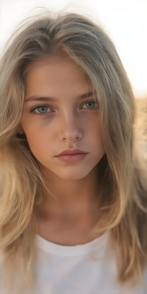 a (((full body portrait))), advanced styling with intricate ((volumetric lighting)), capturing a very beautiful young girl with (long, soft wavy hair) that flows gracefully over her shoulders, framing her face as the sun sets softly in the background, she’s wearing a (white t-shirt) that accentuates her youthful features, including (full lips) and (beautifully sculpted cheeks) that add to her overall allure