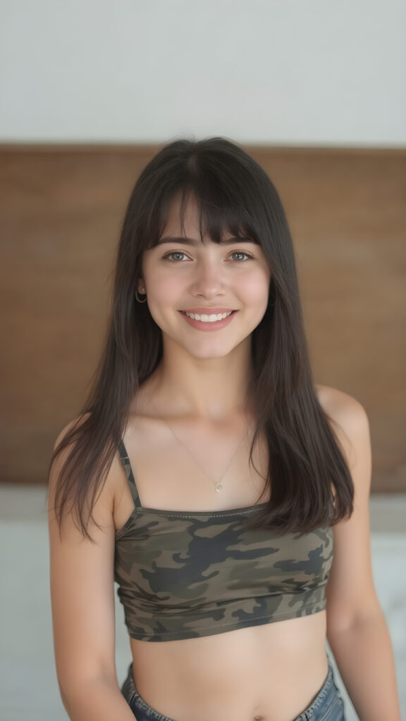 a (((full body image))) of a (((beautiful teen girl, age 15, with straight soft black hair))), showcasing her exquisite (((upper body))), which is perfectly proportioned and commands attention. Her face features delicate yet (((defined cheekbones))) and (((full lips))), with a (((straight, perfect white teeth smile))), that complements her overall look. She's dressed in a (((short, tight, thin silk camouflage top))), that hugs her form, revealing the perfect contours of her body. The scene is (((empty and perfectly proportioned))), allowing for a full-body shot with a (((perfectly proportioned figure))), accentuating her ((stunningly beautiful upper body). (((Her poise is (((dynamic and inviting))), with her head tilted back slightly, showing off her (perfect teeth) and capturing attention to detail.)))