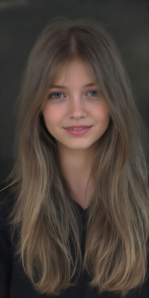 a (((full body image))) of a beautifully (((young teen girl))), with a sleek, (((long, straight soft layered hair))), that gently waves into a playful smile, gothic dressing style, dressed in a (((black, layered shirt))); poised confidently, as if embodying the essence of a whimsically rebellious teenage girl. (((skinny and cute with a petite, yet shapely, upper body, hint of a belly pooch, that perfectly complements her youthful features, including perfectly straight, white teeth that sparkle like diamonds, advanced detail around the edges of her hair, to give a 16-year-old a sense of timeless rebellion.