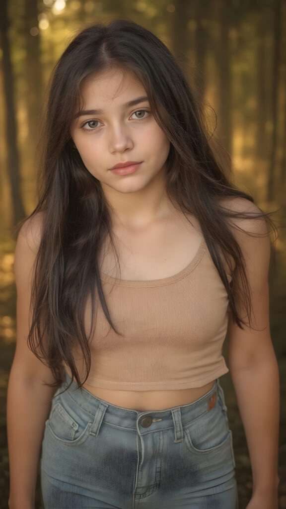 a (((full body shot))) of a (((teen girl))) with a slightly (((skinny but athletic build))), obsidian-black soft straight hair that extends past her shoulders, she has pouting lips and a serene expression, wearing a natural colored cropped tank top and a tight jeans that flatters her shape, she has a soft outlook on her eyes, the background is a misty forest with golden highlights, casting a warm and inviting glow on her face and skin, creating a serene and welcoming atmosphere