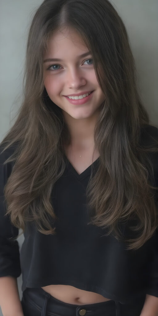 a (((full body image))) of a beautifully (((young teen girl))), with a sleek, dark brown (((long, layered hair))), that gently waves into a playful smile, gothic dressing style, dressed in a (((black, layered shirt))); paired with sleek, black skinny jeans; accessorized with a (tiny, metallic heart), poised confidently, as if embodying the essence of a whimsically rebellious teenage girl. (((skinny and cute with a petite, yet shapely, upper body, hint of a belly pooch, that perfectly complements her youthful features, including perfectly straight, white teeth that sparkle like diamonds, advanced detail around the edges of her hair, to give a 16-year-old a sense of timeless rebellion.