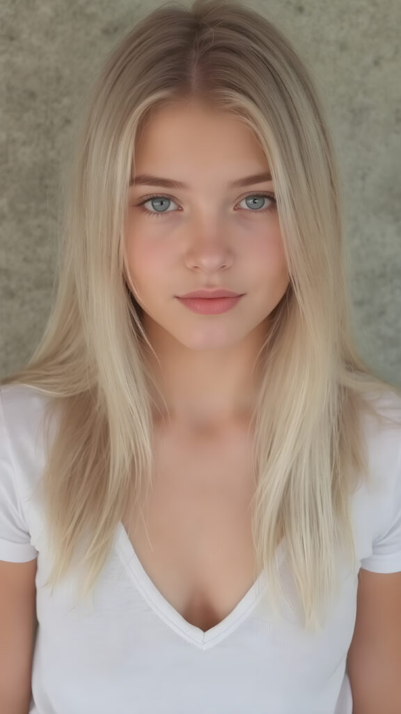 a (((full body shot))) of a (((teen girl))), perfect curved body, soft straight platinum long hair, round young face, wearing a natural short t-shirt, deep v-neck, she has a soft outlook on her eyes, natural backdrop