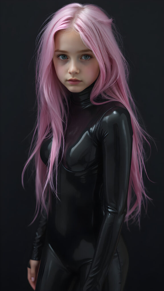 a (((full body shot))) of a (((young girl))) with (((long, flowing pink hair))), and (((vividly pink-dyed locks))), dressed in a (((shiny, sleek black latex catsuit))) that reflects the light in a (vivid, luxurious, high-quality backdrop), her expression slightly turned towards camera, as if looking at the viewer, all against a dark backdrop, perfect light ans shadows