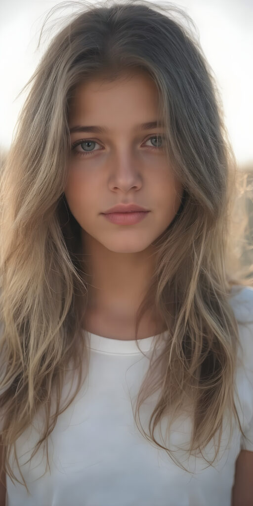 a (((full body portrait))), advanced styling with intricate ((volumetric lighting)), capturing a very beautiful young girl with (long, soft wavy hair) that flows gracefully over her shoulders, framing her face as the sun sets softly in the background, she’s wearing a (white t-shirt) that accentuates her youthful features, including (full lips) and (beautifully sculpted cheeks) that add to her overall allure